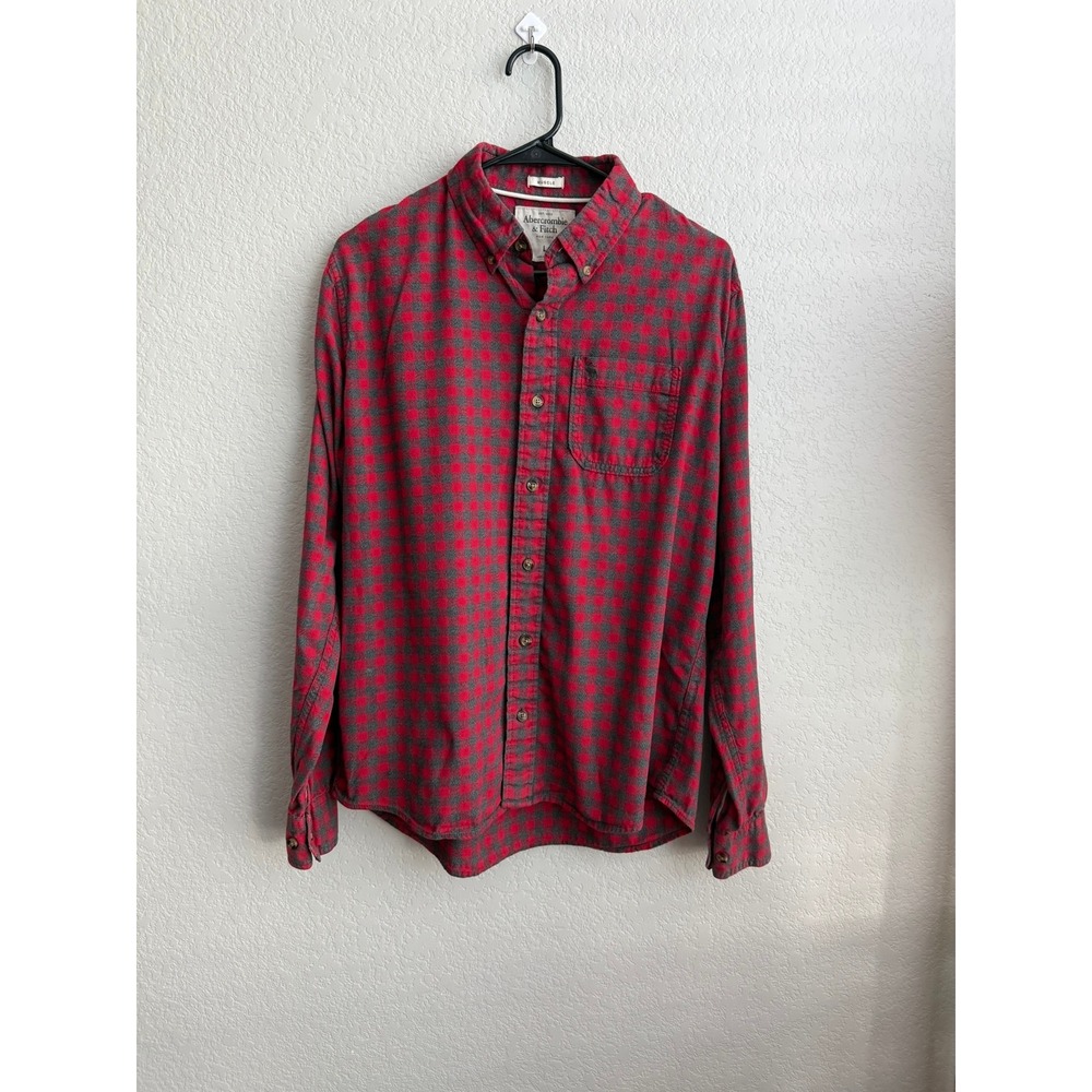 Abercrombie & Fitch Mens Muscle Fit Gingham Flannel Shirt Red Grey Large